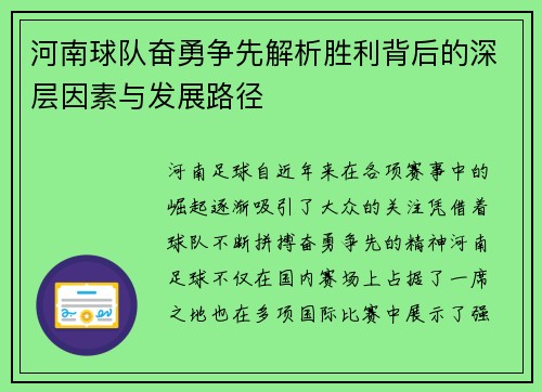 河南球队奋勇争先解析胜利背后的深层因素与发展路径
