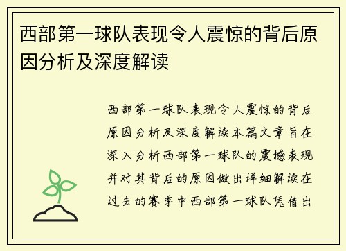西部第一球队表现令人震惊的背后原因分析及深度解读