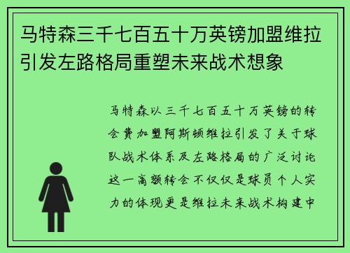马特森三千七百五十万英镑加盟维拉引发左路格局重塑未来战术想象 马特森三千七百五十万英镑加盟维拉引发左路格局重塑未来战术想象