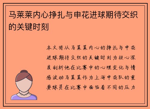 马莱莱内心挣扎与申花进球期待交织的关键时刻 马莱莱内心挣扎与申花进球期待交织的关键时刻